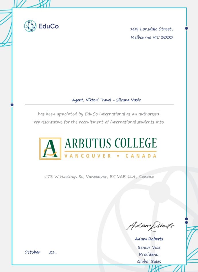 ARBUTUS College certificate